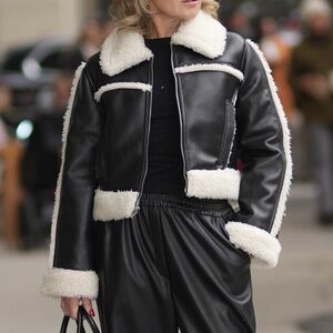 Faux leather faux fur trimmed jacket